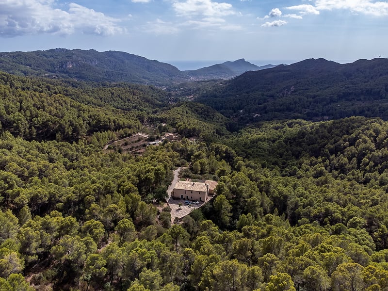 Aerial view of a private villa surrounded by dense green forest in a mountainous valley with a distant sea view.