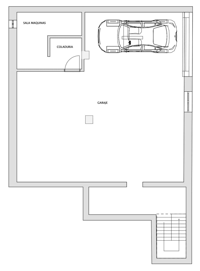 Architektonischer Grundriss des Untergeschosses mit großer Garage, Maschinenraum, Waschküche und Treppenaufgang.