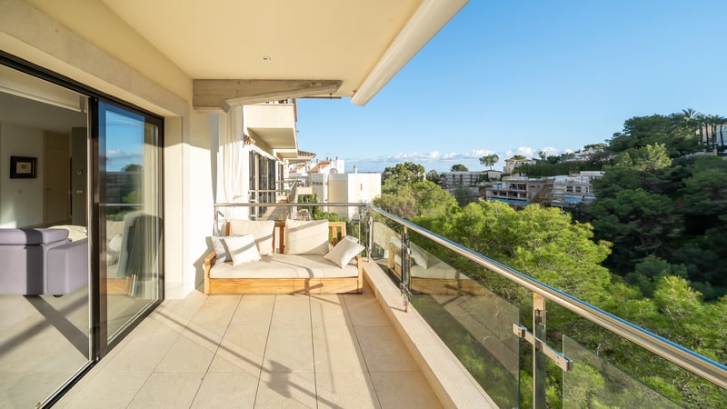 Modern balkong med träsoffa och glasräcke med utsikt över en frodig tallskog under en klarblå himmel.