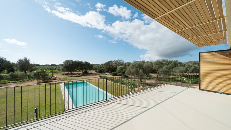 Upphöjd vy från en vit terrass över en rektangulär pool omgiven av gräsmatta och olivträd under en blå himmel.