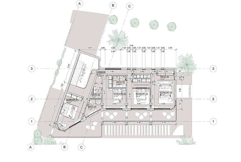 Plan d'architecte montrant quatre chambres avec salles de bains privatives, terrasse et stationnement.