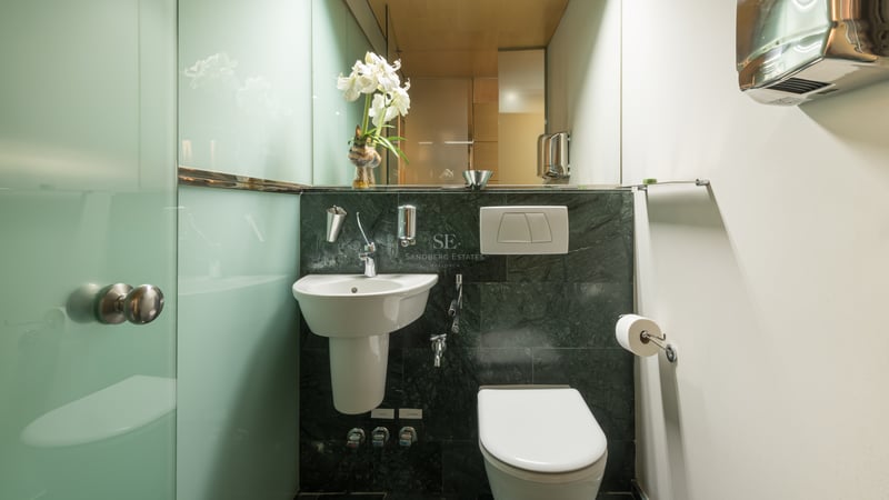 Salle de bains avec murs en marbre vert foncé, lavabo blanc et parois en verre dépoli.