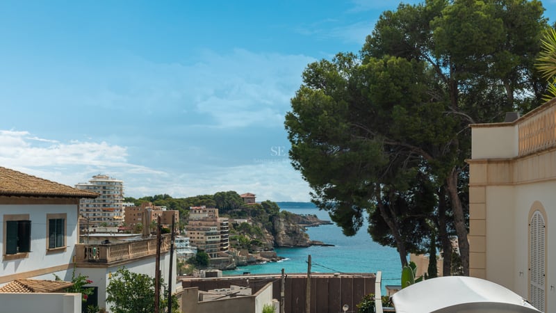 Vue surélevée d'une baie turquoise avec des bâtiments méditerranéens, des falaises rocheuses et un grand pin.