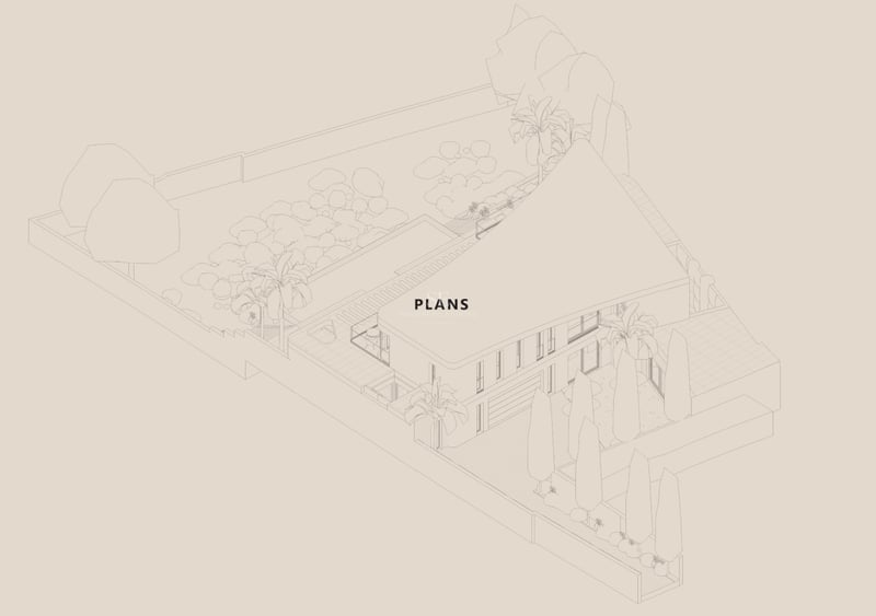 Dessin au trait en 3D montrant l'agencement d'une villa moderne avec piscine, jardin et terrasses.