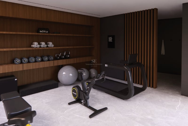 Salle de sport moderne avec sol en marbre, étagères en bois, tapis de course, vélo d'appartement et poids.