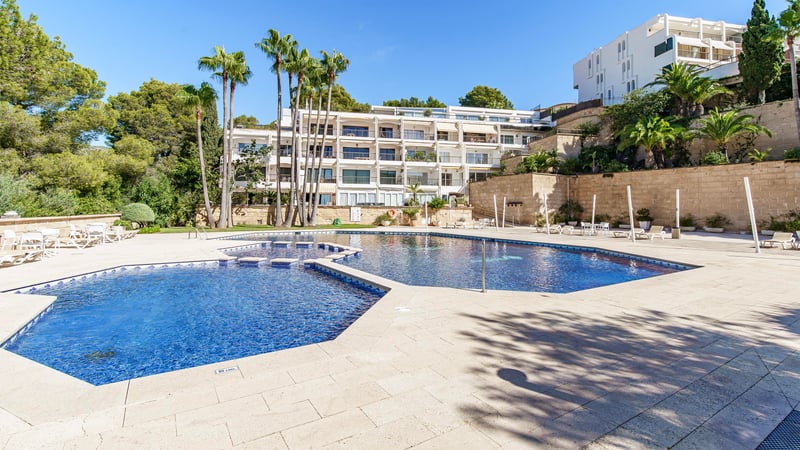 Large blue swimming pool surrounded by stone paving, palm trees, and white apartment buildings under a clear sky.