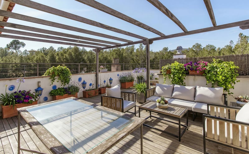 Solig terrass med trädäck, pergola, grå soffor och blomkrukor framför en tallskog.