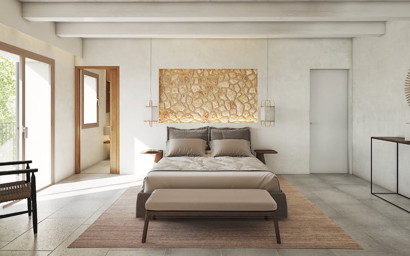 Chambre principale moderne avec mur en pierre naturelle, poutres apparentes et baies vitrées toute hauteur.