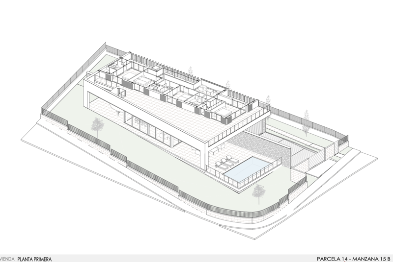 Plan d'architecte isométrique en 3D montrant le premier étage d'une villa moderne, les chambres et la terrasse avec piscine.
