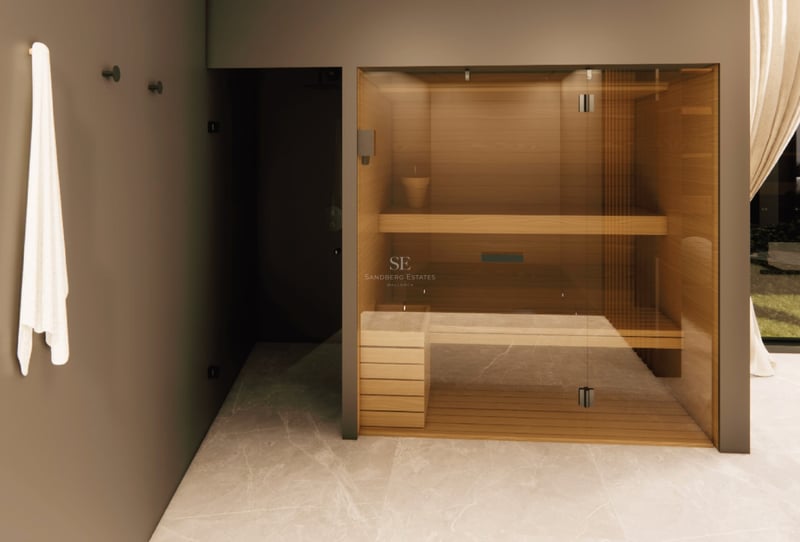 Sauna moderne avec intérieur en bois clair et paroi en verre trempé sur un sol en marbre beige.