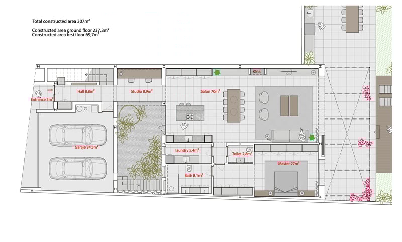 Plan d'architecte du rez-de-chaussée d'une villa comprenant un garage double, un grand salon et une suite parentale.