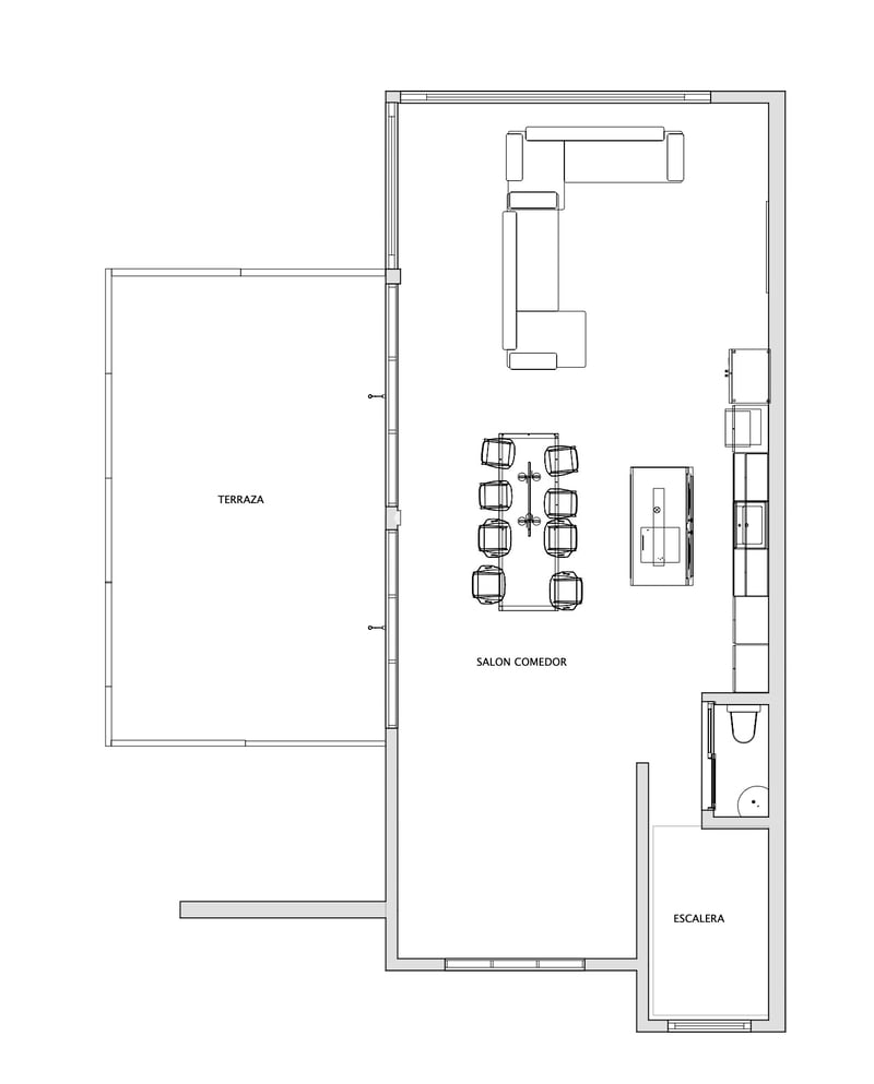 Detaillierter architektonischer Grundriss eines offenen Wohnzimmers, Essbereichs, einer Inselküche und einer Terrasse.