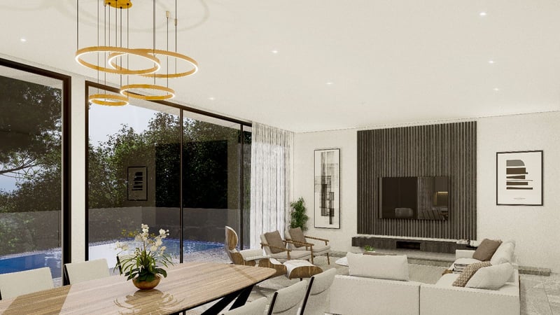 Salon contemporain avec baies vitrées, table à manger en bois et vue directe sur la piscine.