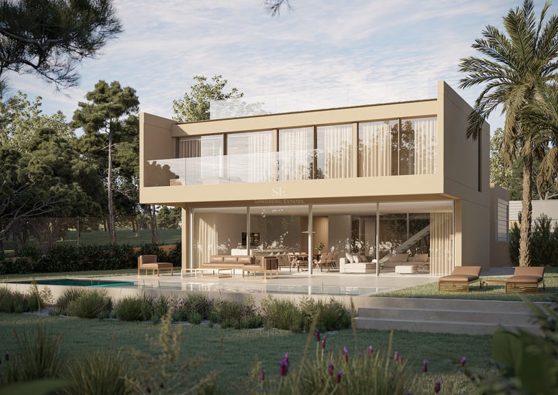 Exterior of a contemporary two-story sand-toned villa featuring floor-to-ceiling windows and a private swimming pool.