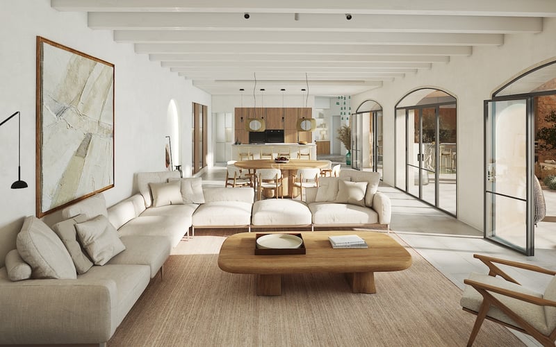 Salon moderne avec plafonds à poutres blanches, grandes portes vitrées voûtées et meubles en bois clair.