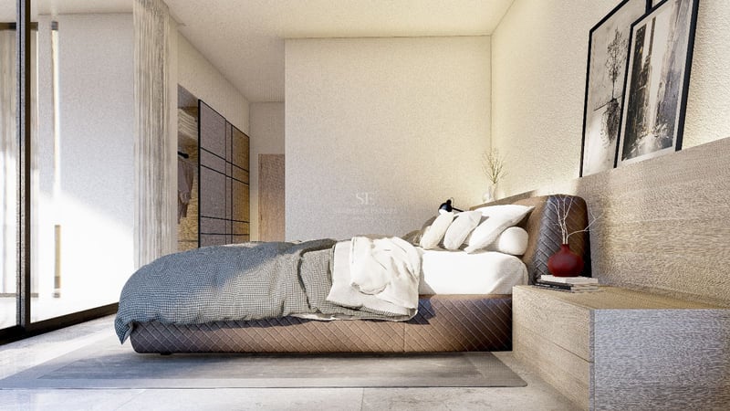 Chambre principale moderne avec lit matelassé, table de chevet en bois intégrée et grandes baies vitrées.