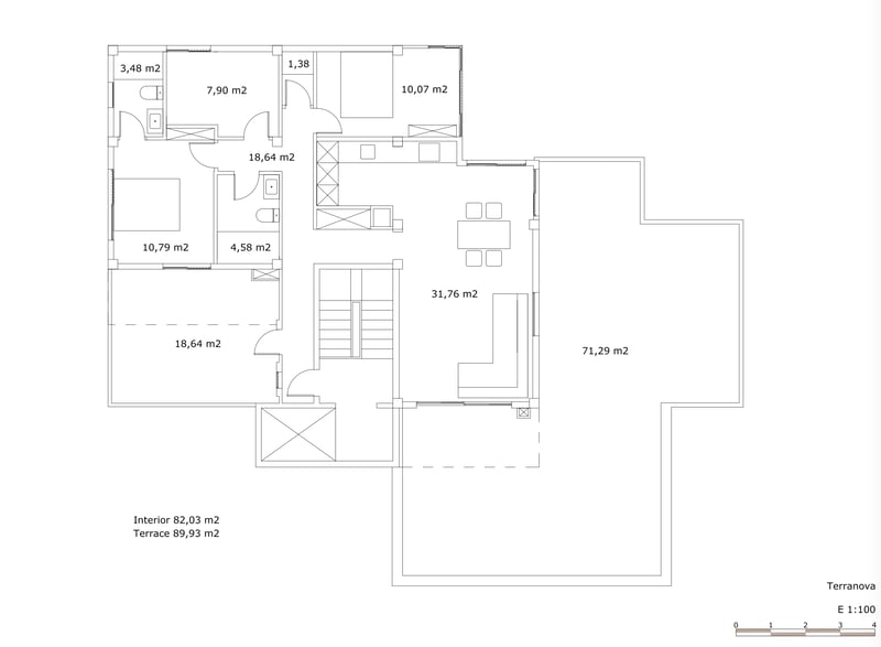 Plan architectural 2D d'un appartement de 2 chambres avec séjour de 31m2 et grande terrasse de 71m2.