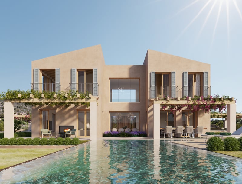 Exterior view of a modern two-story villa with a large swimming pool, pergolas, and mountain views under a clear sky.