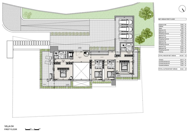 Plan d'architecte du premier étage de la Villa 04 montrant quatre chambres en suite et un garage triple.