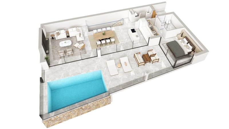 Plan d'étage 3D d'un appartement de luxe avec espace de vie ouvert, suite parentale et terrasse avec piscine privée.