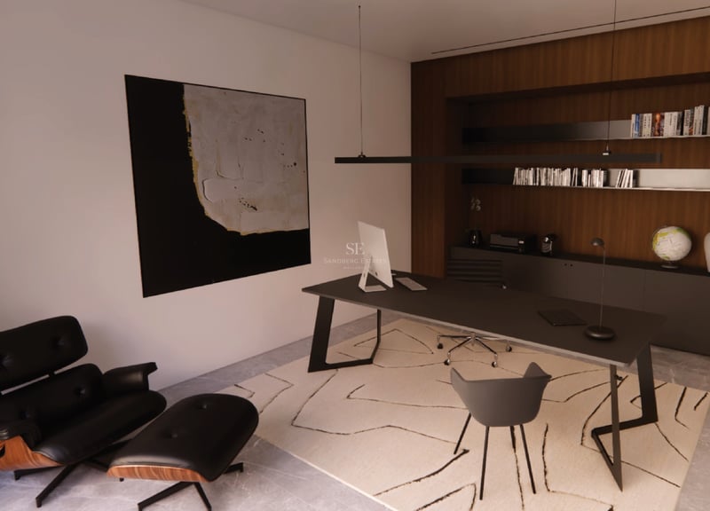 Bureau à domicile moderne avec bureau noir, fauteuil Eames, boiseries en noyer et art abstrait.