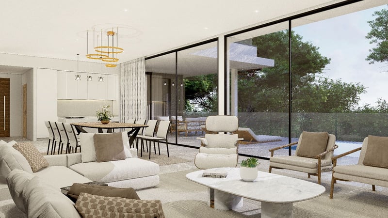 Salon moderne avec canapés crème, table en marbre et grandes baies vitrées donnant sur une terrasse avec piscine.