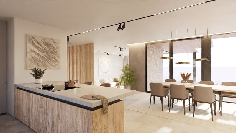 Contemporary kitchen island with wood panels and stone countertop, overlooking a dining table and living space.