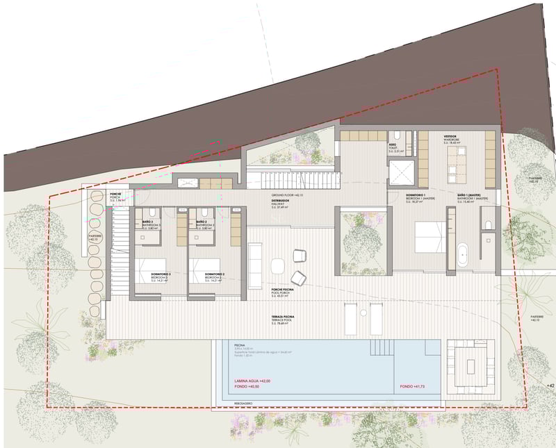 Plan architectural détaillé du rez-de-chaussée avec trois chambres en suite, terrasse et piscine à débordement.