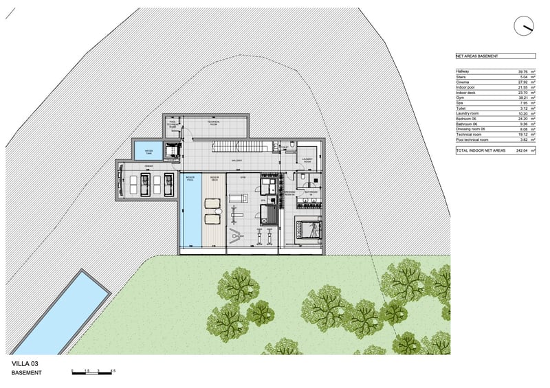 Architectural floor plan of a luxury villa basement featuring an indoor pool, gym, cinema, and guest suite.