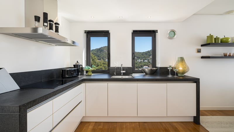 Contemporary white kitchen with dark stone countertops, wood floors, and two windows overlooking green hills.