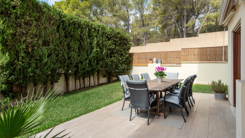Table en bois et huit chaises sur une terrasse pavée bordée de hautes haies de cyprès.