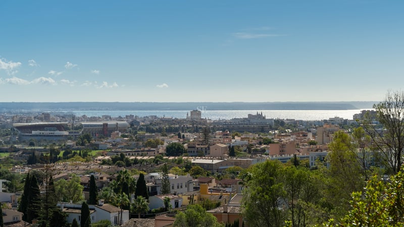 Vue panoramique de Palma avec des bâtiments, de la verdure et la mer Méditerranée étincelante à l'horizon.