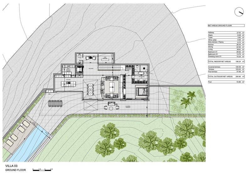Architectural floor plan of a luxury villa ground floor showing living areas, master suite, and infinity pool layout.