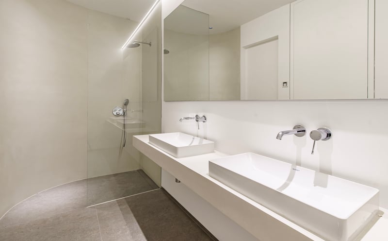 Salle de bain moderne avec deux vasques à poser, robinetterie chromée et douche à l'italienne vitrée.