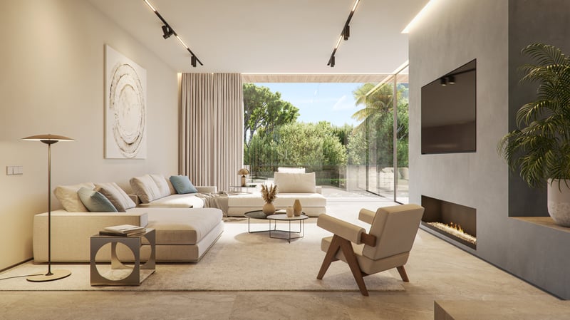 Luxury contemporary living room featuring floor-to-ceiling windows, cream modular sofas, and a wood-accented armchair.